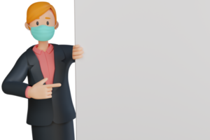 donna indossare maschera mostrando qualcosa con vuoto bianca foglio 3d personaggio illustrazione png