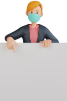 empresária usando máscara mostrando algo com ilustração de personagem 3d de folha branca em branco