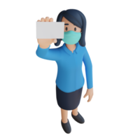 une employée porte un masque tenant une illustration de personnage 3d de carte de visite png