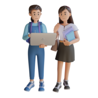 two young girl holding a laptop and books 3d character illustration png