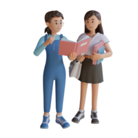 young girls holding a book 3d character illustration png