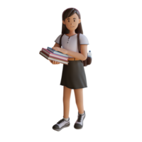 niña sosteniendo libros mientras está de pie ilustración de personaje 3d png