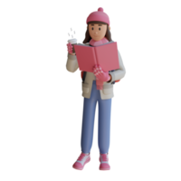 young girl standing while reading a book 3d character illustration png