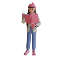 jeune fille debout en lisant un livre illustration de personnage 3d png