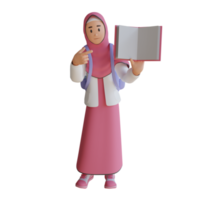 ung muslim kvinna innehav en bok 3d karaktär illustration png