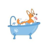 ilustración de estilo de dibujos animados de vector de lindo perro corgi feliz tomando un baño lleno de espuma de jabón. concepto de aseo. Fondo blanco.