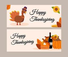 banners for Thanksgiving, with an illustration of a turkey and a festive pumpkin meal with wine. vector