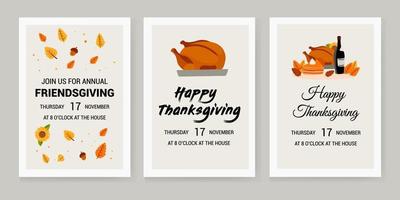 pancartas para el día de acción de gracias, con una ilustración de un pavo y una comida festiva de calabaza con vino vector