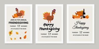 pancartas para el día de acción de gracias, con una ilustración de un pavo y una comida festiva de calabaza con vino vector