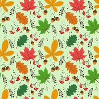 Vector seamless pattern with autumn elements, acorns, various leaves, autumn floral elements. Bright, repetitive texture for the autumn season. It is used for wrapping paper,packaging,wallpaper,books.
