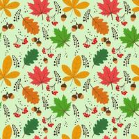 Vector seamless pattern with autumn elements, acorns, various leaves, autumn floral elements. Bright, repetitive texture for the autumn season. It is used for wrapping paper,packaging,wallpaper,books.