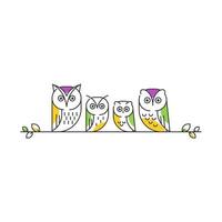 Owl family line art illustration. Mother, Father, brother and sister vector