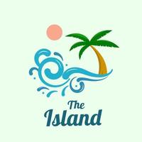 viajes, viajes, playa y palmeras en la isla con olas, plantilla de logotipo. viaje, recreación y vacaciones en resorts e islas tropicales, diseño de vectores, ilustración de la naturaleza vector