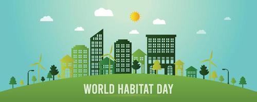 World habitat day flat design background with the clean city, natural tree vector