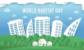 World habitat day flat design background with the clean city, natural tree vector