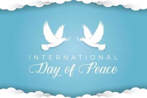fondo de banner plano del día internacional de la paz con nube de paloma ilustrada en el cielo vector