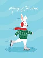 Chinese New Year 2023, year of the rabbit. a cute rabbit in a New Year's sweater and a hat with headphones against the background of snowflakes is skating on the lake. Figure skating. Merry Christmas. vector