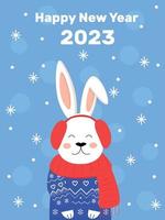Chinese New Year 2023, year of the rabbit. Toy cute rabbit in a New Year's sweater and hat with headphones against the background of snowflakes. Merry Christmas. New Year holidays vector