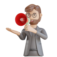 personagem de empresário 3D usando megafone png