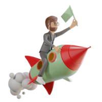 personagem de empresário 3D voando com um foguete png