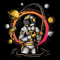 illustration of astronaut fishing in space with planet and black hole background vector