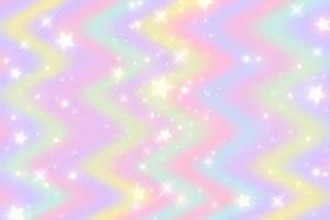 Rainbow background. Pattern in pastel colors. Wavy multicolored unicorn sky with stars and hearts. Vector