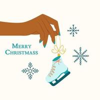 Woman hand with ice skate New Year toy and manicure. Christmas toy vector illustration