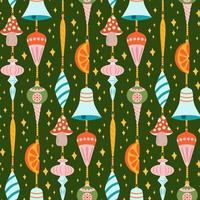 Christmas seamless pattern with balls, cones, bows and toadstool on dark background. Perfect for holiday invitations, winter greeting cards, wallpaper and gift paper