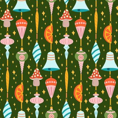 Christmas seamless pattern with balls, cones, bows and toadstool on dark background. Perfect for holiday invitations, winter greeting cards, wallpaper and gift paper