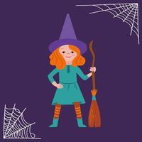 Halloween kid little witch vector illustration. Girl kid in halloween costume on dark background