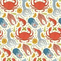 Vector seafood seamless pattern with crab, shrimp, squid, salmon and mussel. Background with ocean animals.