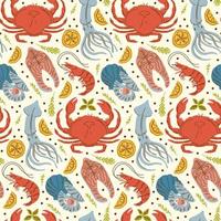 Vector seafood seamless pattern with crab, shrimp, squid, salmon and mussel. Background with ocean animals.