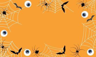 Halloween background with copy space. Orange background with bat, spider, net, eye. Vector illustration.
