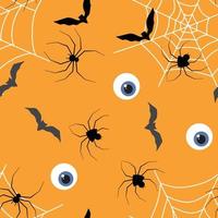 Halloween seamless pattern for wrapped paper with net, spider, bat, eyes. Vector illustration on orange background