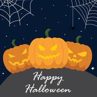 Happy Halloween card with pumpkin and net with spider. Vector illustration with copy space