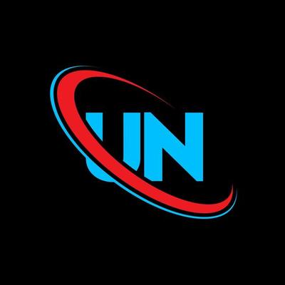 UN logo. UN design. Blue and red UN letter. UN letter logo design. Initial letter UN linked circle uppercase monogram logo.