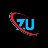 ZU logo. ZU design. Blue and red ZU letter. ZU letter logo design. Initial letter ZU linked circle uppercase monogram logo. vector