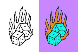 Dice fire Illustration hand drawn cartoon vintage style vector