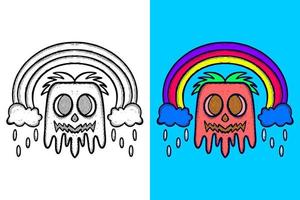 monstruo lindo con nube arco iris ilustración dibujado a mano dibujos animados estilo vintage vector