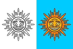 Sun face Illustration hand drawn cartoon vintage style vector