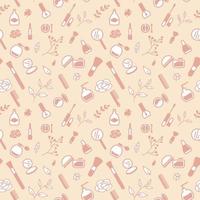 Seamless pattern from cosmetics icons and floral elements, abstract background, wallpaper vector