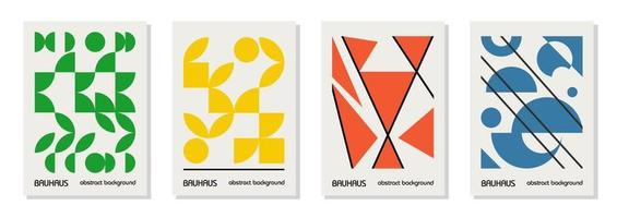 Set of 4 minimal vintage 20s geometric design posters, wall art, template, layout with primitive shapes elements. Bauhaus retro pattern background, vector abstract circle, triangle and square line art