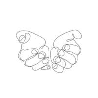 Single line drawn hand gestures, minimalistic human praying hands sign. Dynamic continuous one line graphic vector design illustration