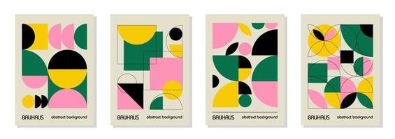 Set of 4 minimal vintage 20s geometric design posters, wall art, template, layout with primitive shapes elements. Bauhaus retro pattern background, vector abstract circle, triangle and square line art