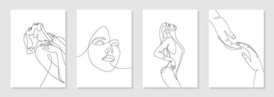 juego de 4 carteles de arte de pared. figura de mujer joven dibujada en una sola línea, cuerpo, cara de belleza, apenas tocando las manos, minimalista. diseño de vector gráfico dinámico continuo de una línea aislado en blanco.