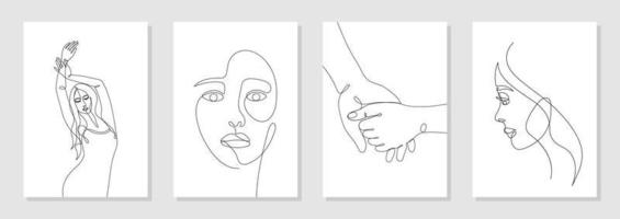 Set of 4 wall art posters. Single line drawn young woman figure, body, beauty face, hands showing love, romantic, minimalistic. Dynamic continuous one line graphic vector design isolated on white.
