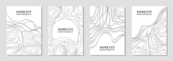 Vertical vector set of 4 white flyers with paper cut waves shapes. 3D abstract paper art, design layout for business presentations, flyers, posters, prints, decoration, cards, brochure cover.