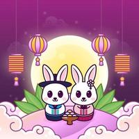 chuseok feliz con linda pareja ilustración de conejo vector