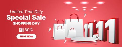 11.11 sale shopping day banner design template in red and white color with realistic podium and shopping bag vector