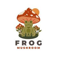 Red mushroom vector illustration logo with frog